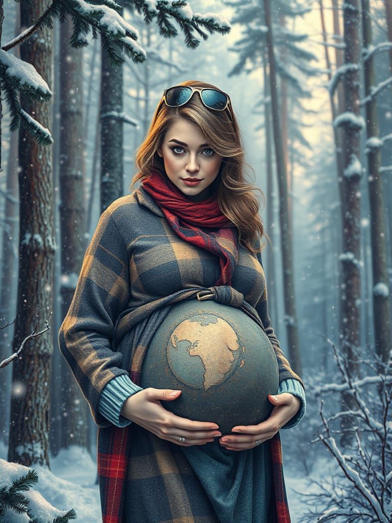 Pregnant Woman in Snowy Forest, Anime Van Gogh Style