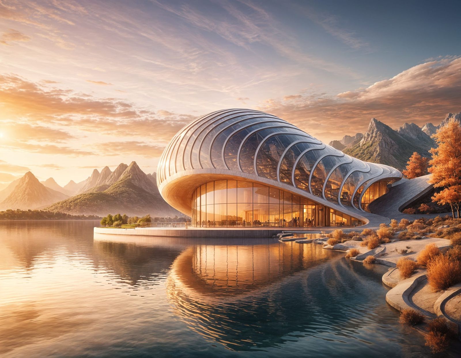Futuristic Seashell Architecture at Sunset