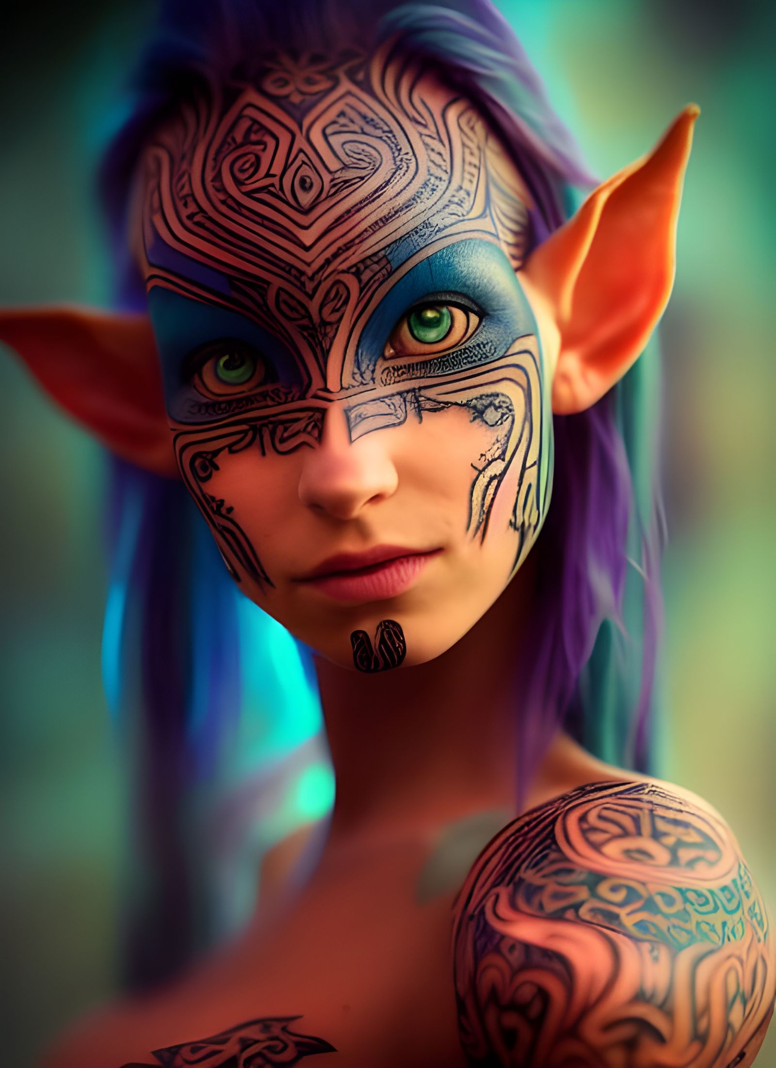 Elegant Elf Girl Portrait with Tribal Tattoos