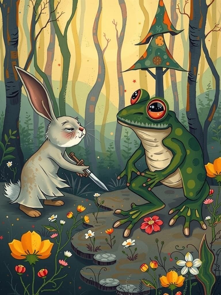 Whimsical Dreamscapes: Rabbit and Frog Clash in Vibrant Fore...