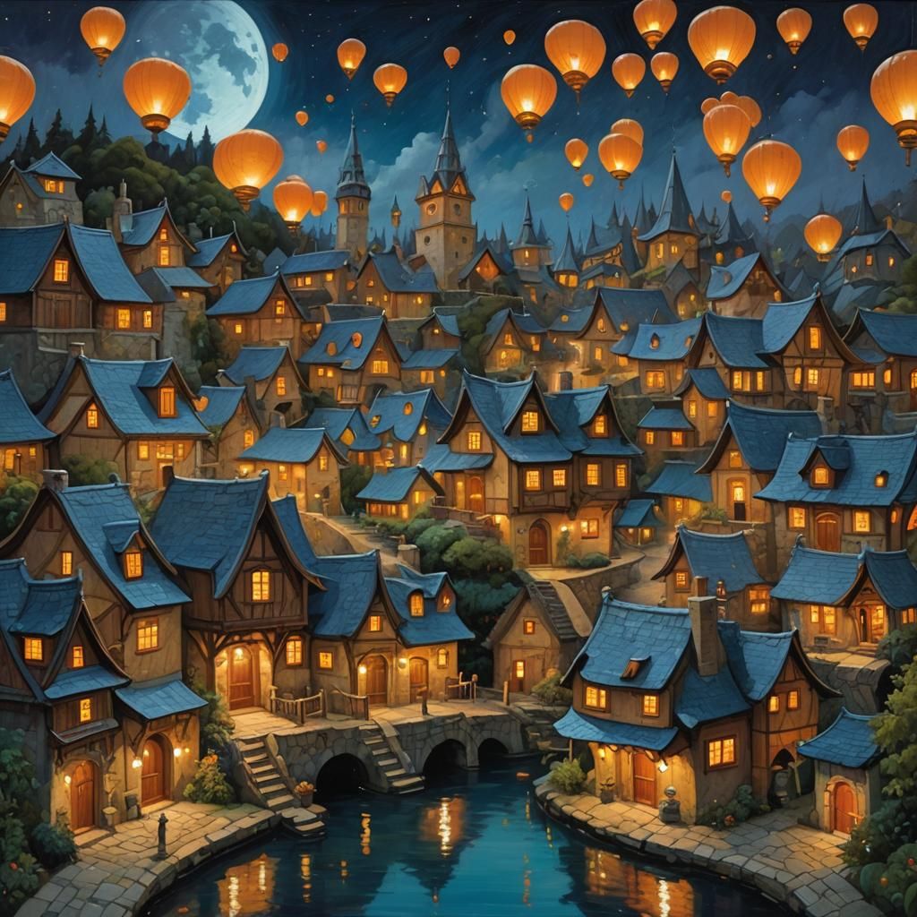 Magical Nighttime Village Oil Painting with Lanterns
