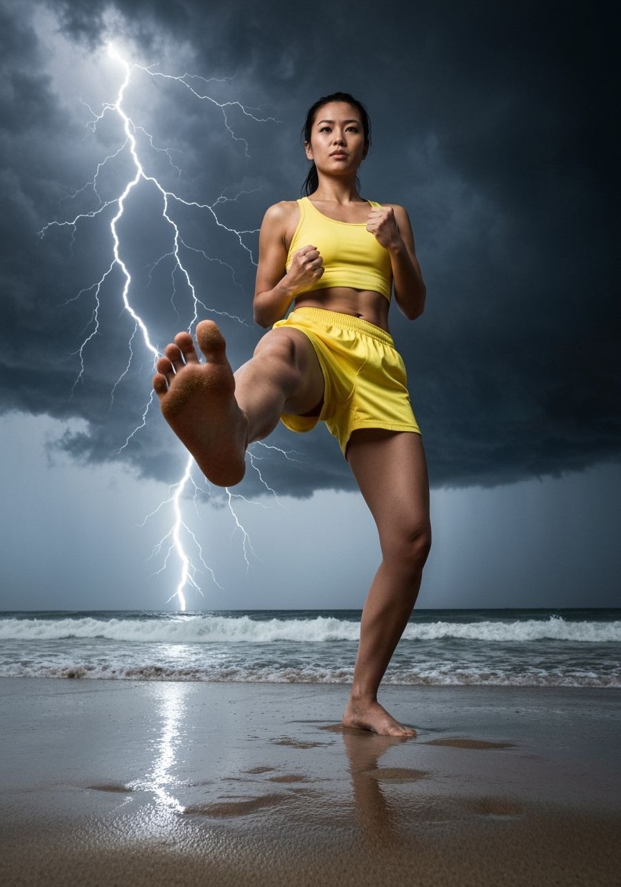 Woman Practicing Karate on Stormy Beach in Cinematic Style