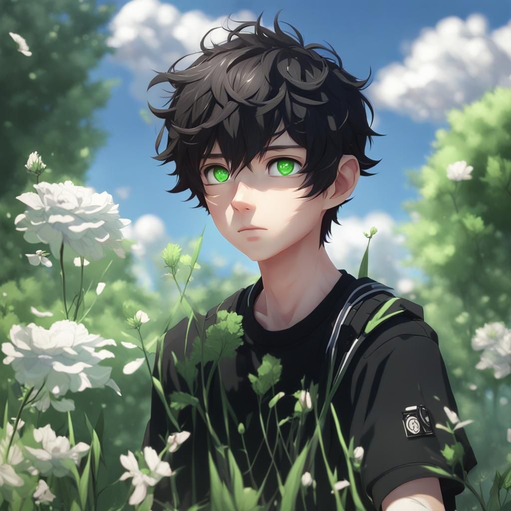 Anime Style Teenager with Black Hair and Green Eyes