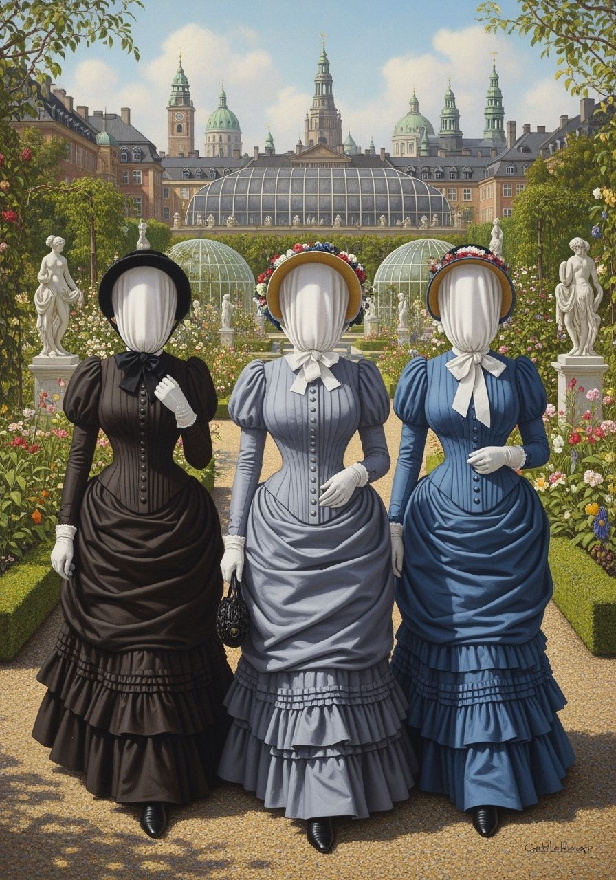 Veiled Victorian Women in Lush Copenhagen Garden