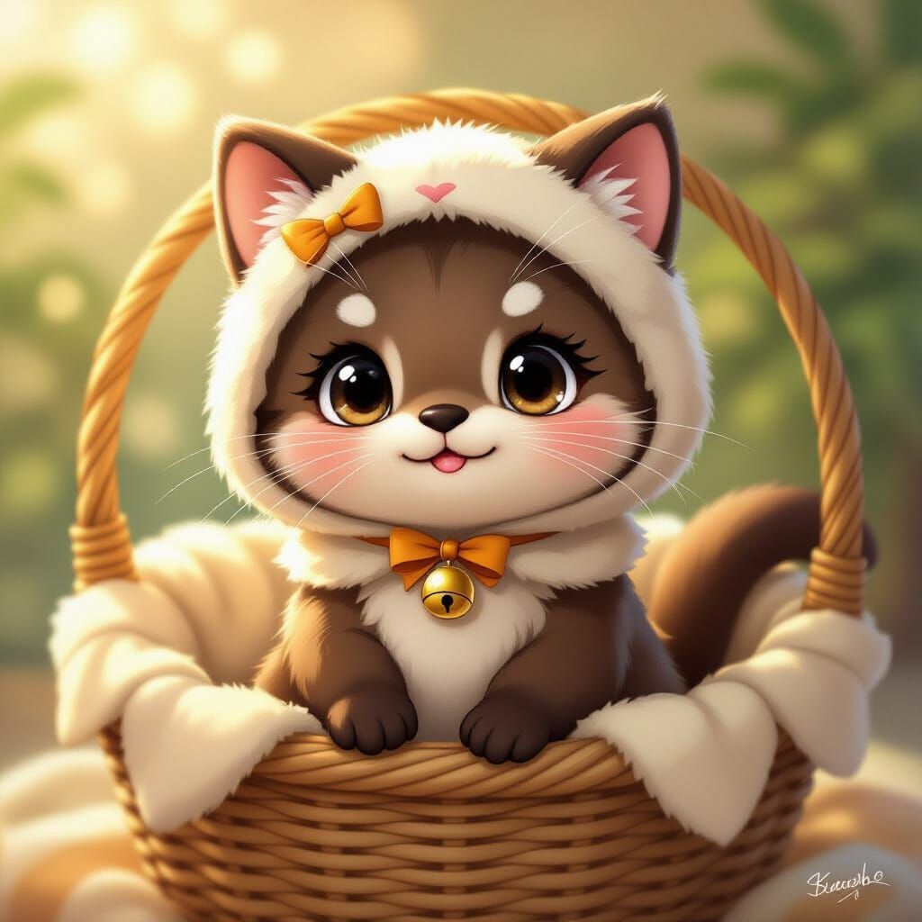 Cute Chibi Otter Dressed as Calico Cat in Cozy Basket