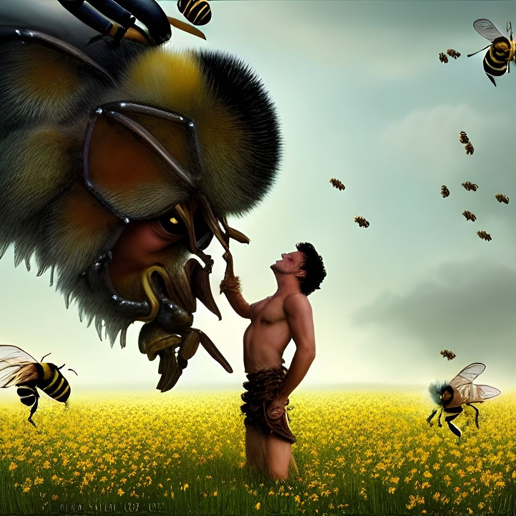 Warrior Man Kisses Bee in Sunlit Meadow