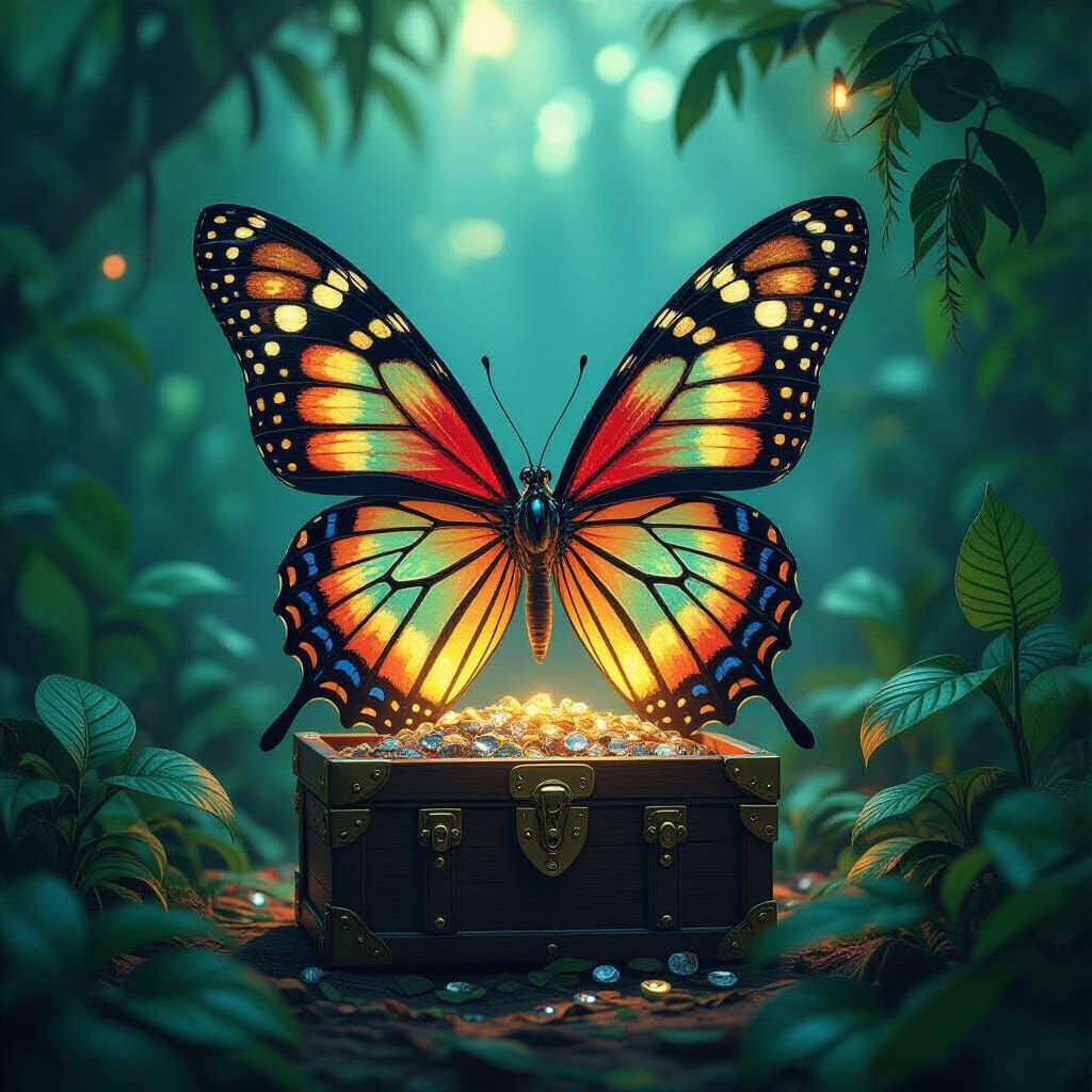 Stained Glass Butterfly Eyes on Treasure Chest in Biolumines...