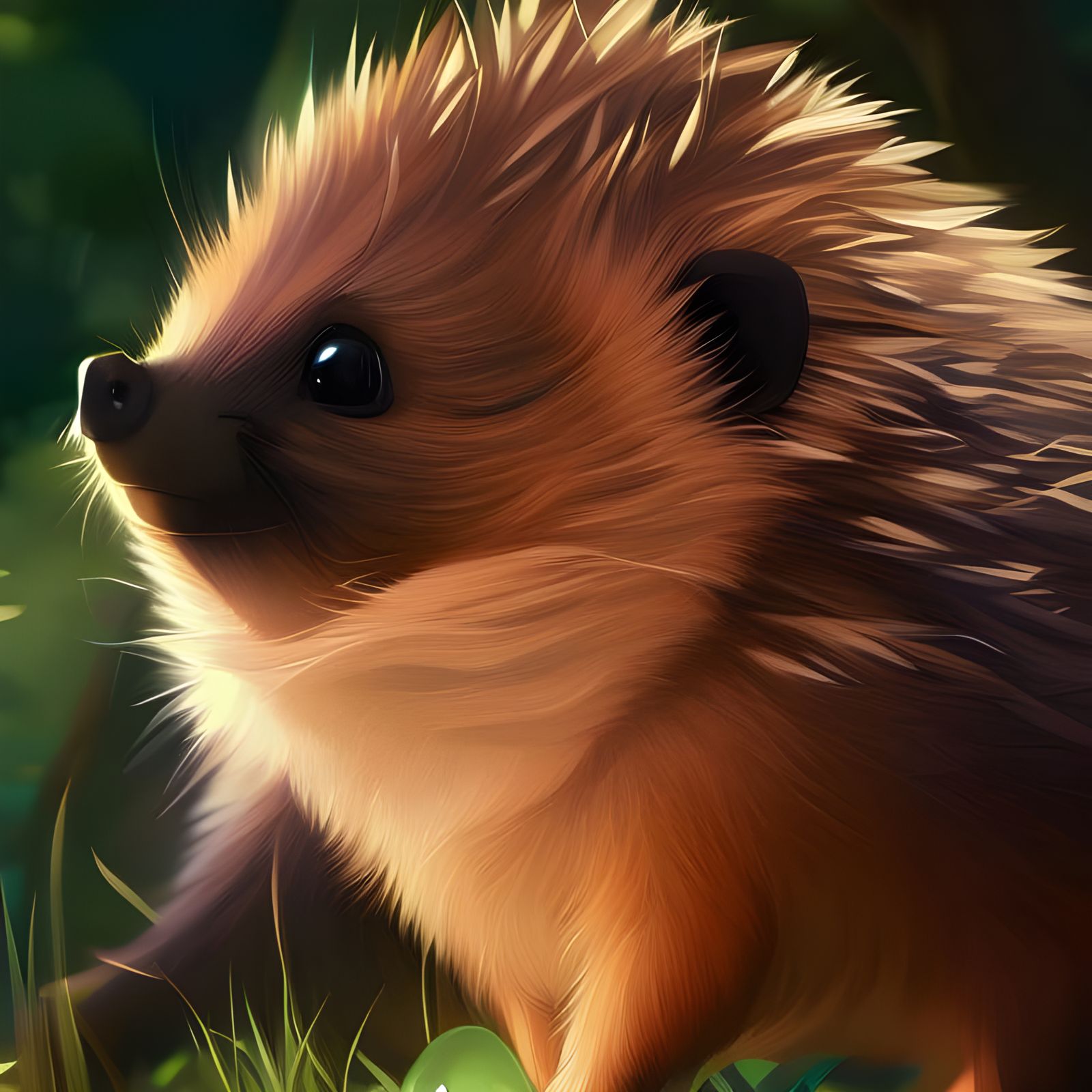 Cute Hedgehog Portrait in Forest, Digital Painting