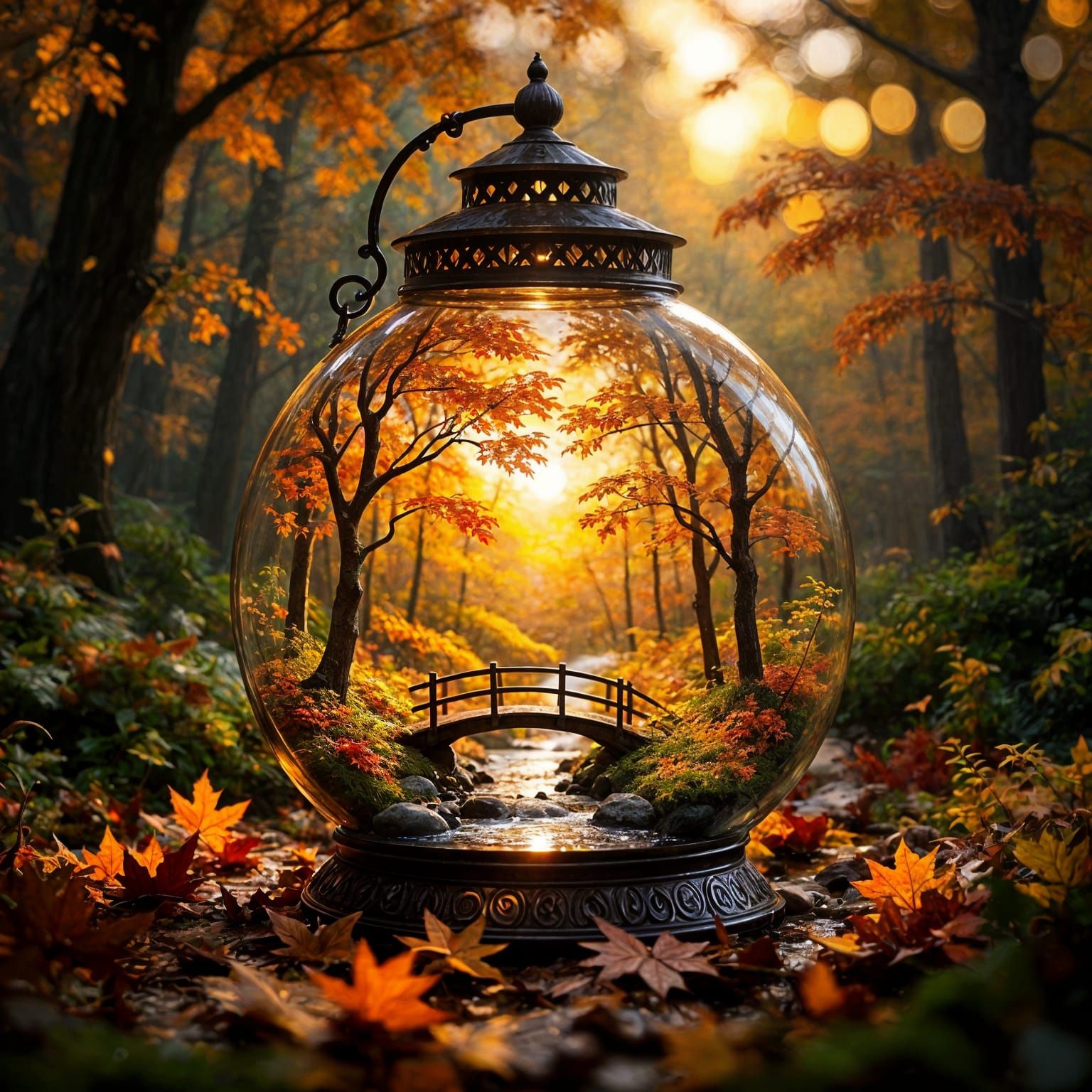 Magical Autumn Forest in a Glowing Glass Lamp