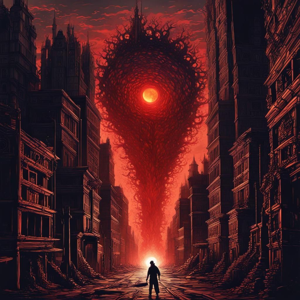 Post-Apocalyptic City of Darkness with Flaming Torch