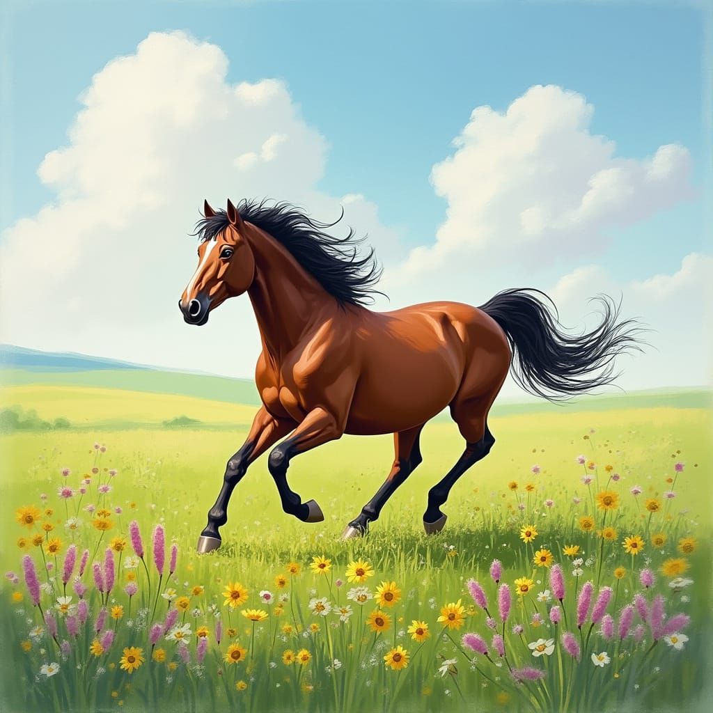 Galloping Horse in a Lush Impressionist Landscape