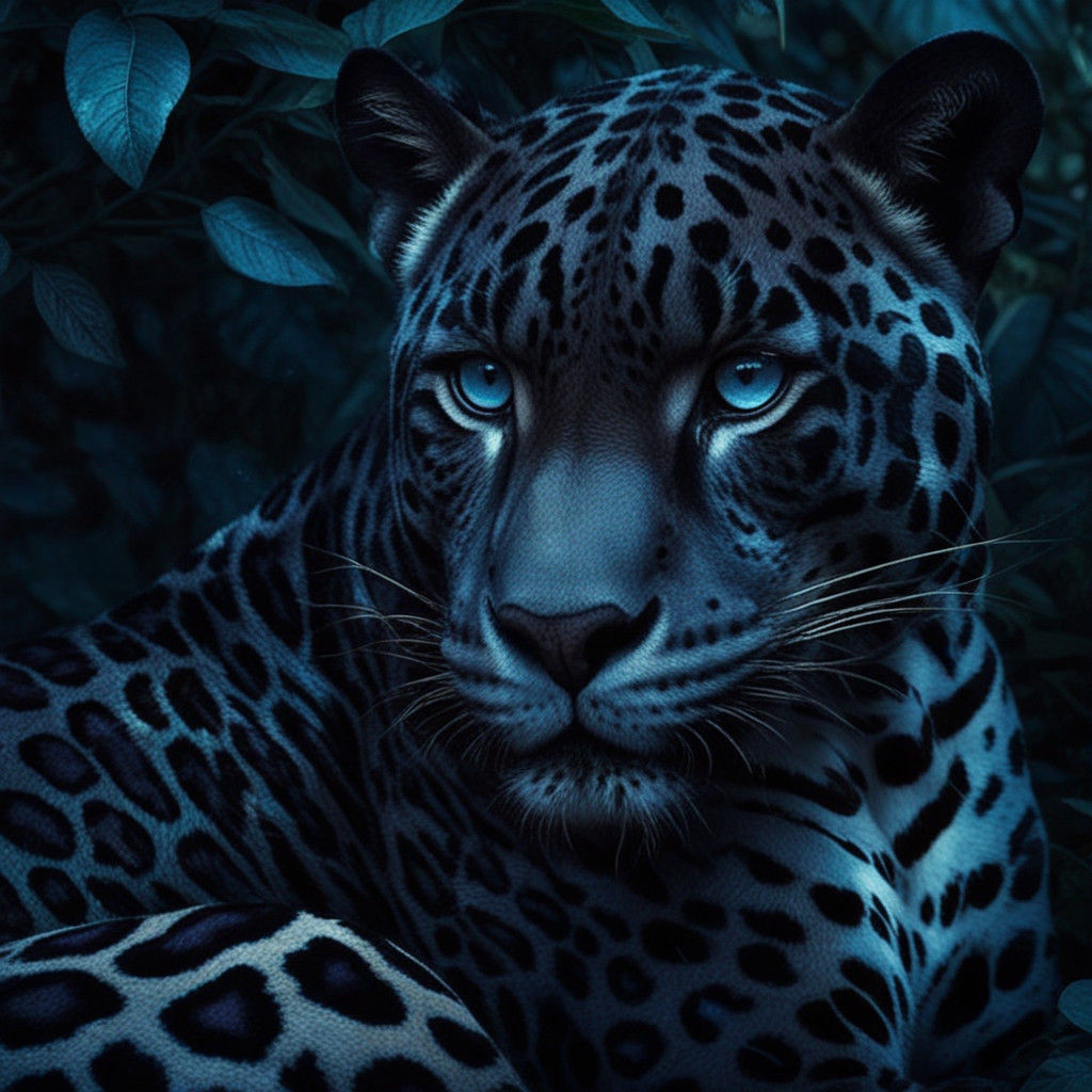 Dark Blue Leopard Hidden in Foliage, Close Up