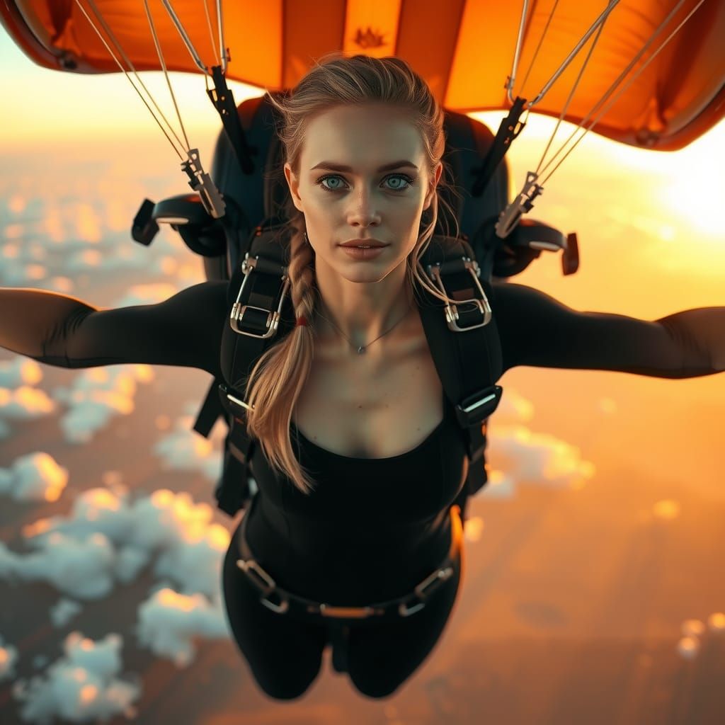 A beautiful woman with blonde hair and blue eyes parachuting, medium descent, realistic style, realistic, cinematic styl...