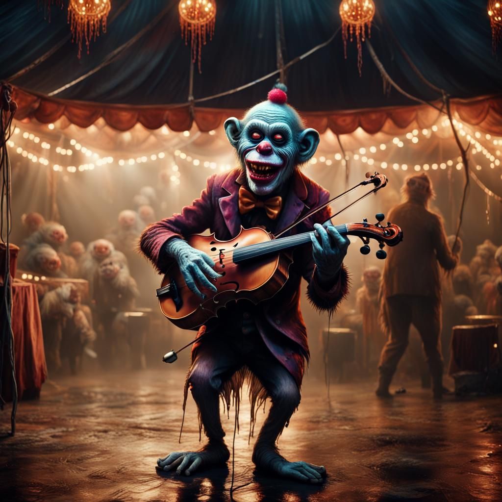 Zombie Monkey Clown Plays Fiddle in Misty Carnival Tent