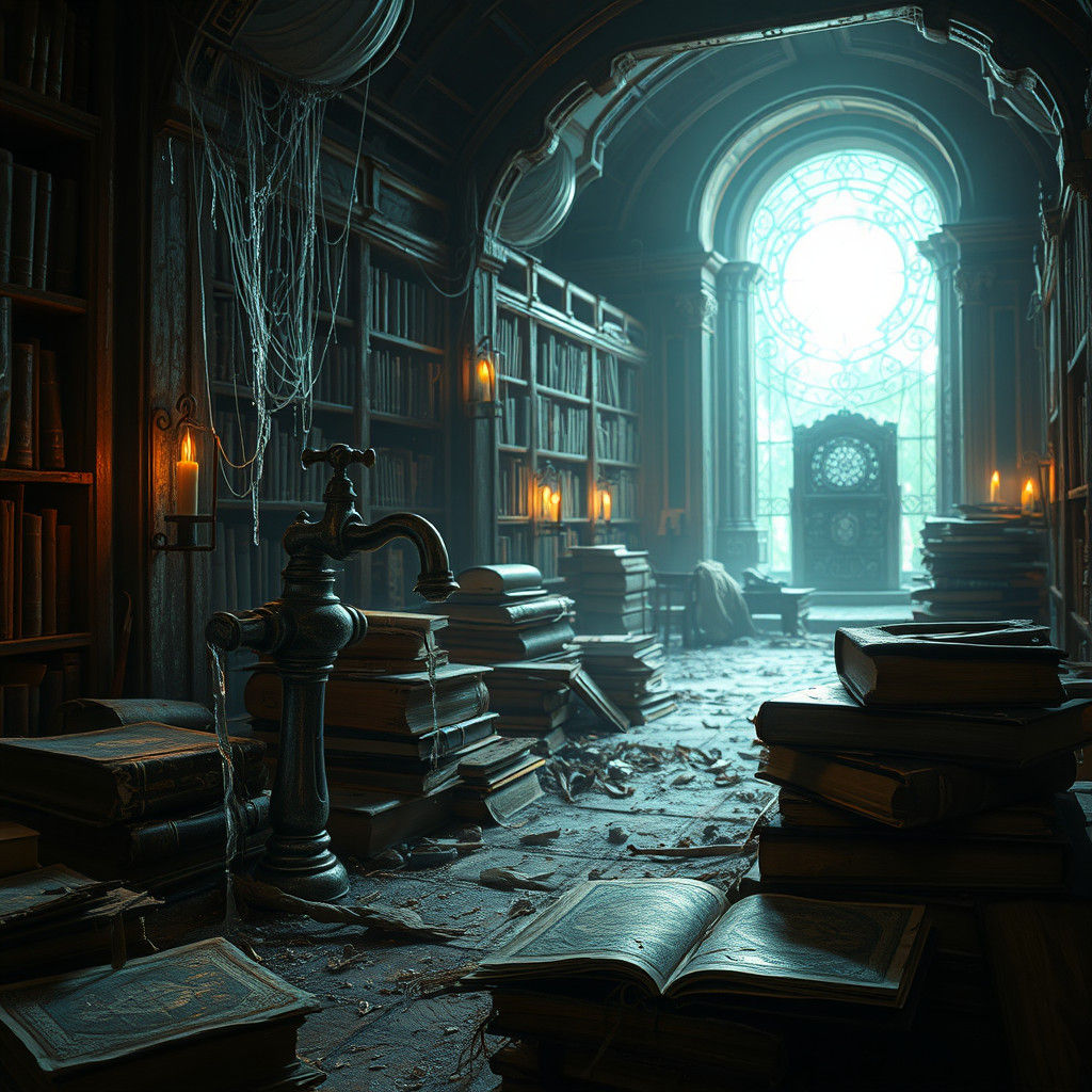 Mystical Dilapidated Library with Ethereal Portal