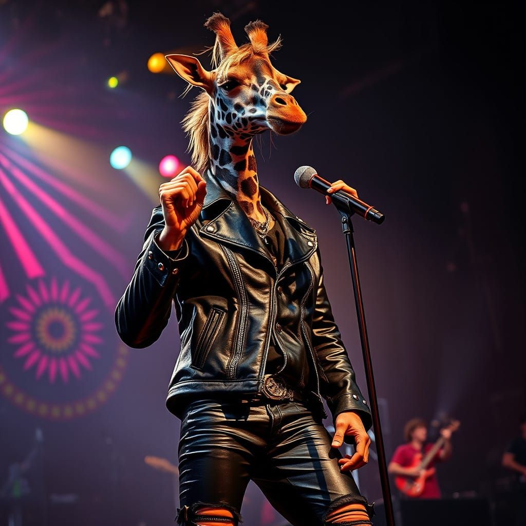 Giraffe Rocker Stands Confidently on Stage with Passion