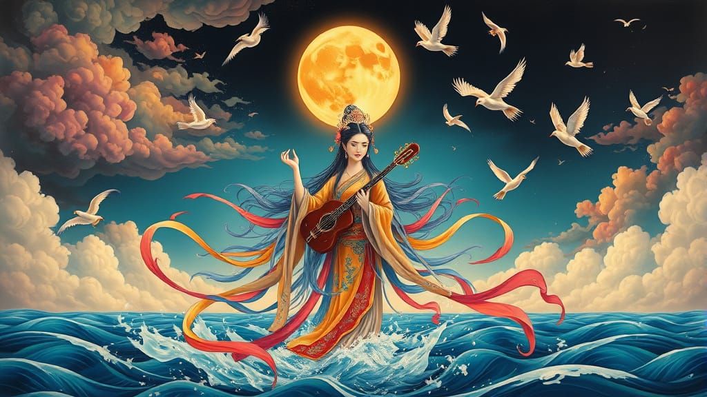 Chinese Goddess Surrounded by Cloud Birds