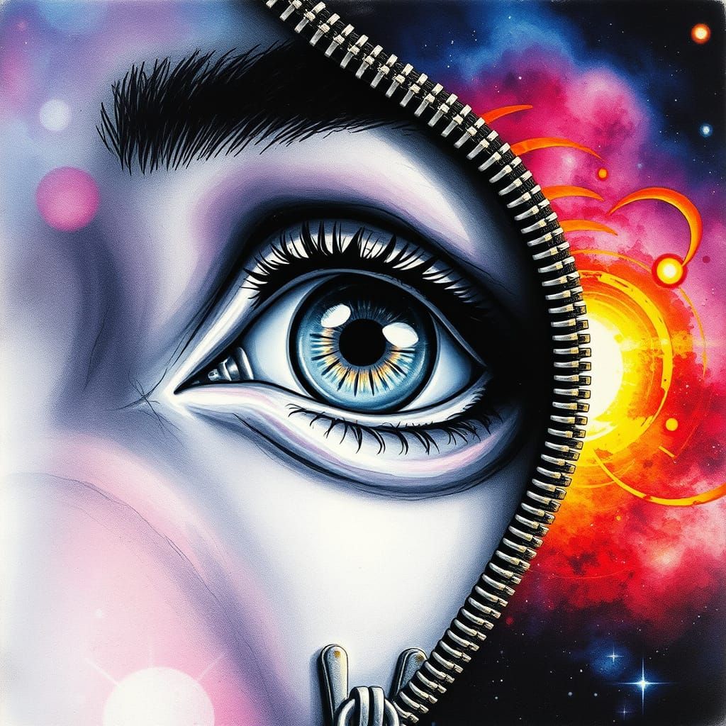 Surrealist Eye Peeks Through Metallic Zipper in Vibrant Gala...