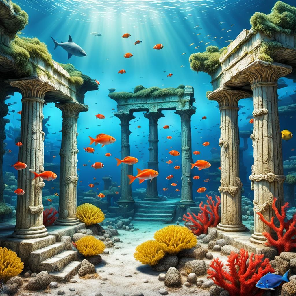 Dystopian Underwater Greek Village with Coral