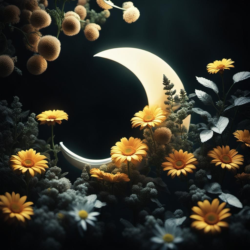 Abstract Sun and Moon with Foliage in 3D