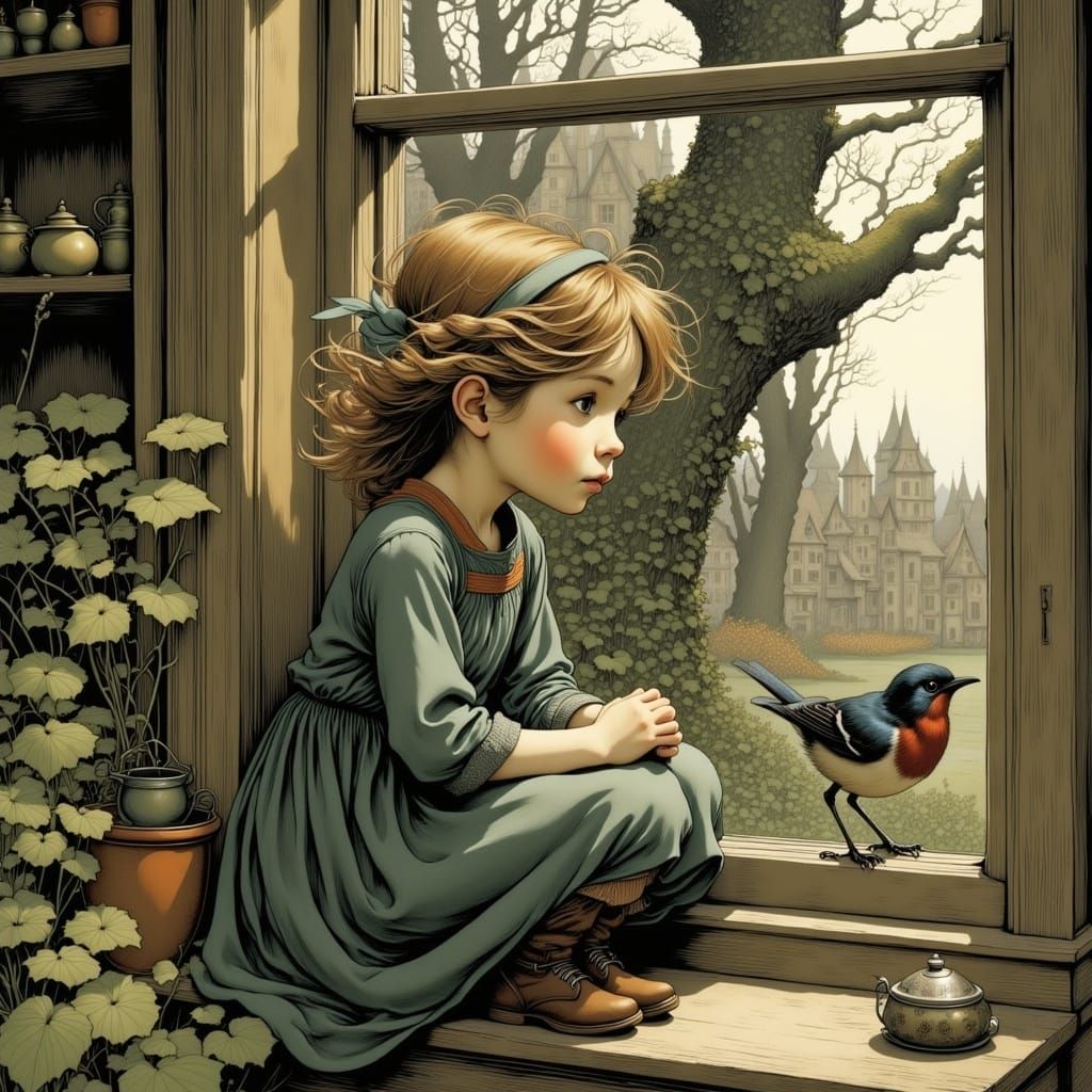 Lonely Girl and Bird by Window