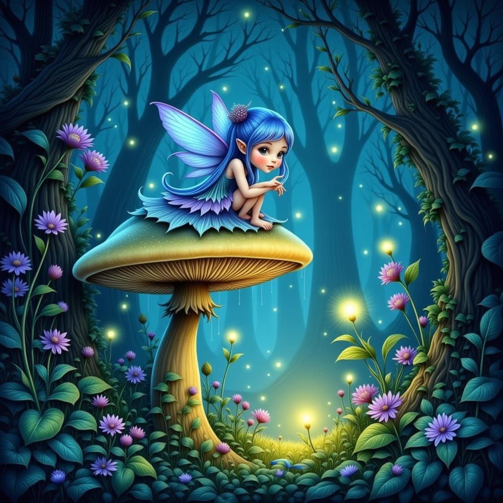 Enchanted Fairy on Luminous Mushroom at Twilight