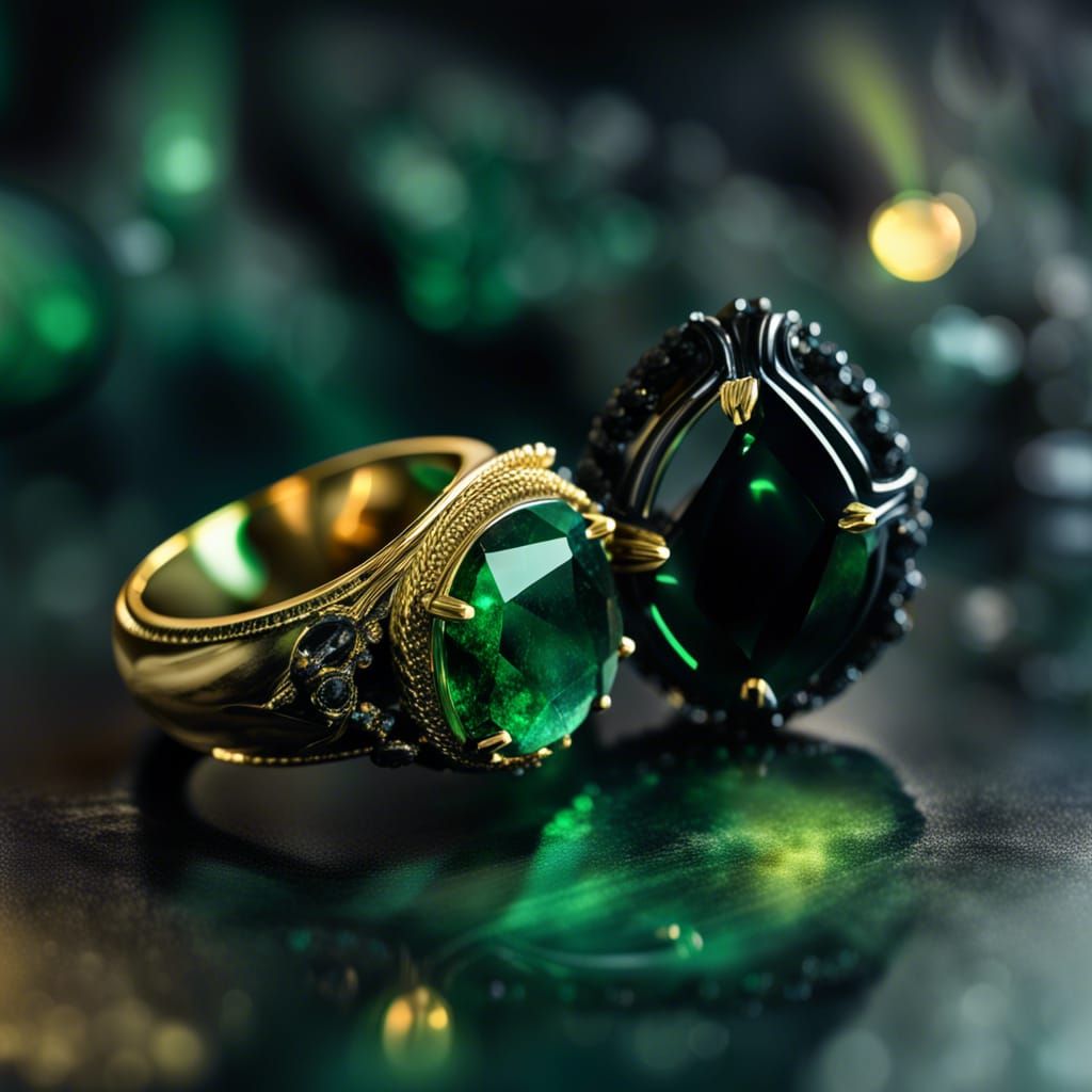 Magical Obsidian Rings with Emeralds and Green Smoke