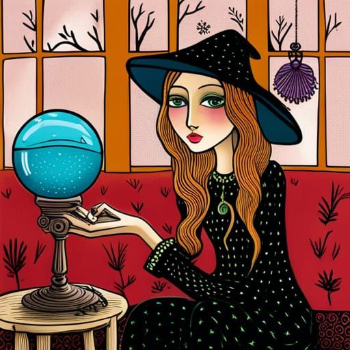 Bohemian Witch Gazing into Crystal Sphere in Art Brut
