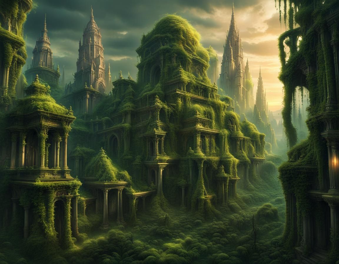 Overgrown City: Temples and Vines in Twilight