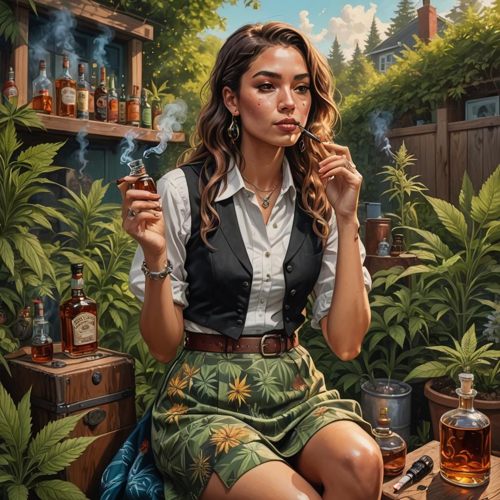 Relaxed Woman with Whiskey and Pipe in Hyperrealistic Style