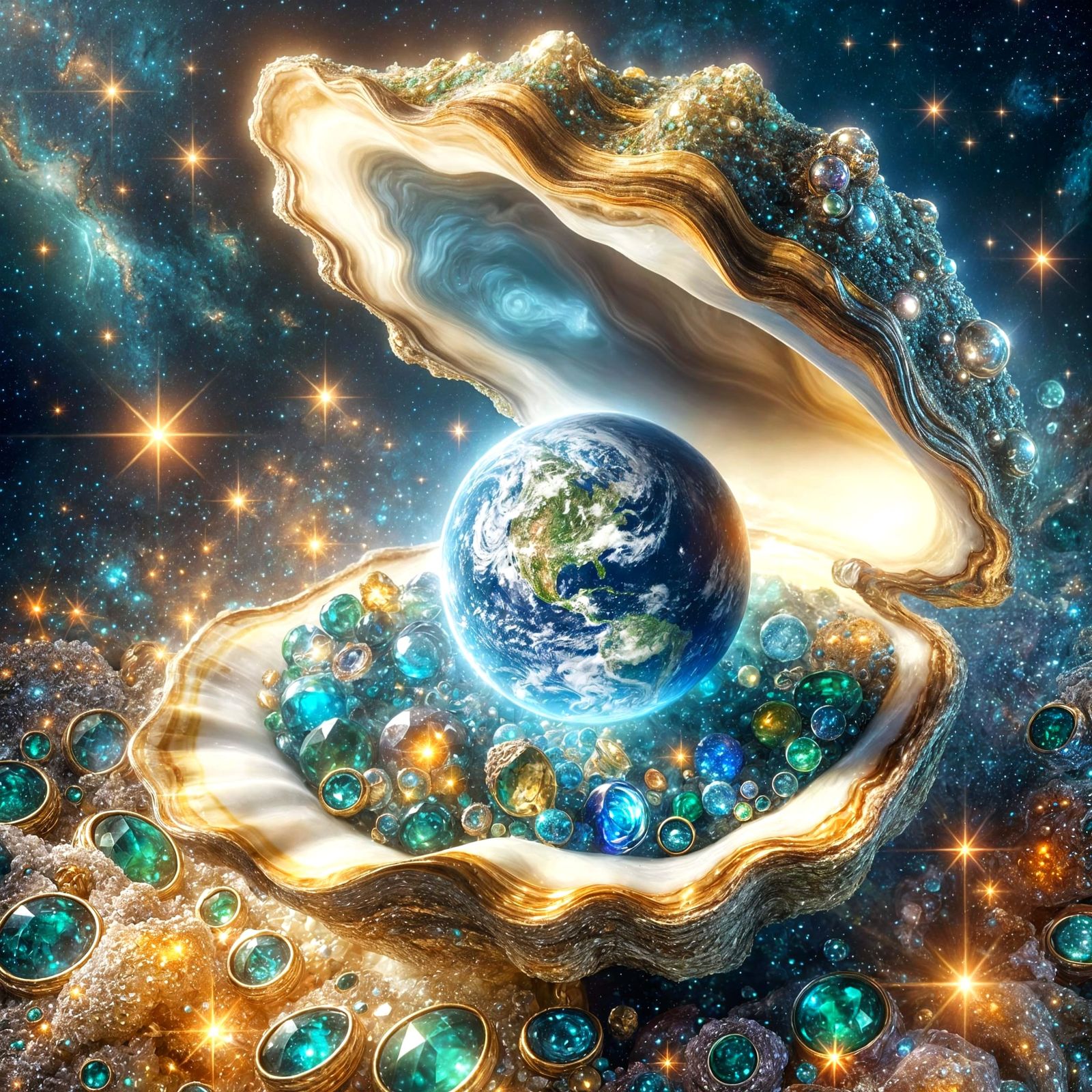 Surreal Oyster Reveals Earth in Galactic Jewels