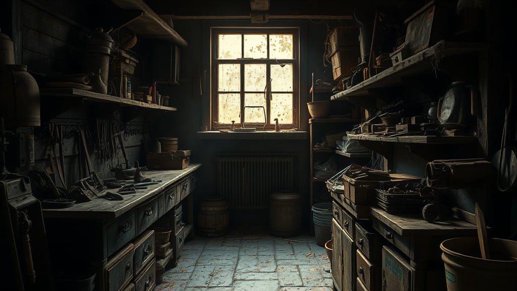Dusty, Vintage Toolshed with Rusted Tools and Cobwebs