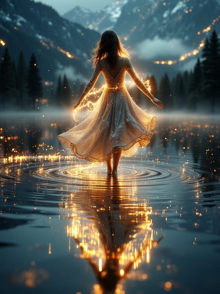 Woman Dancing on Lake at Night in Light Painting Style