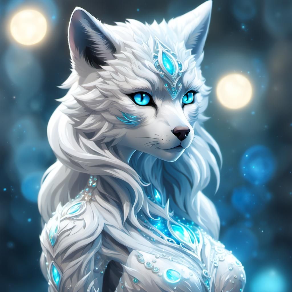 Wolf-Cat Girl in Ethereal Glow, as Digital Art
