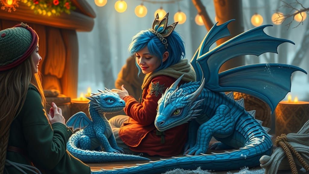 Fairies and Dragons Gathering in Winter Snow