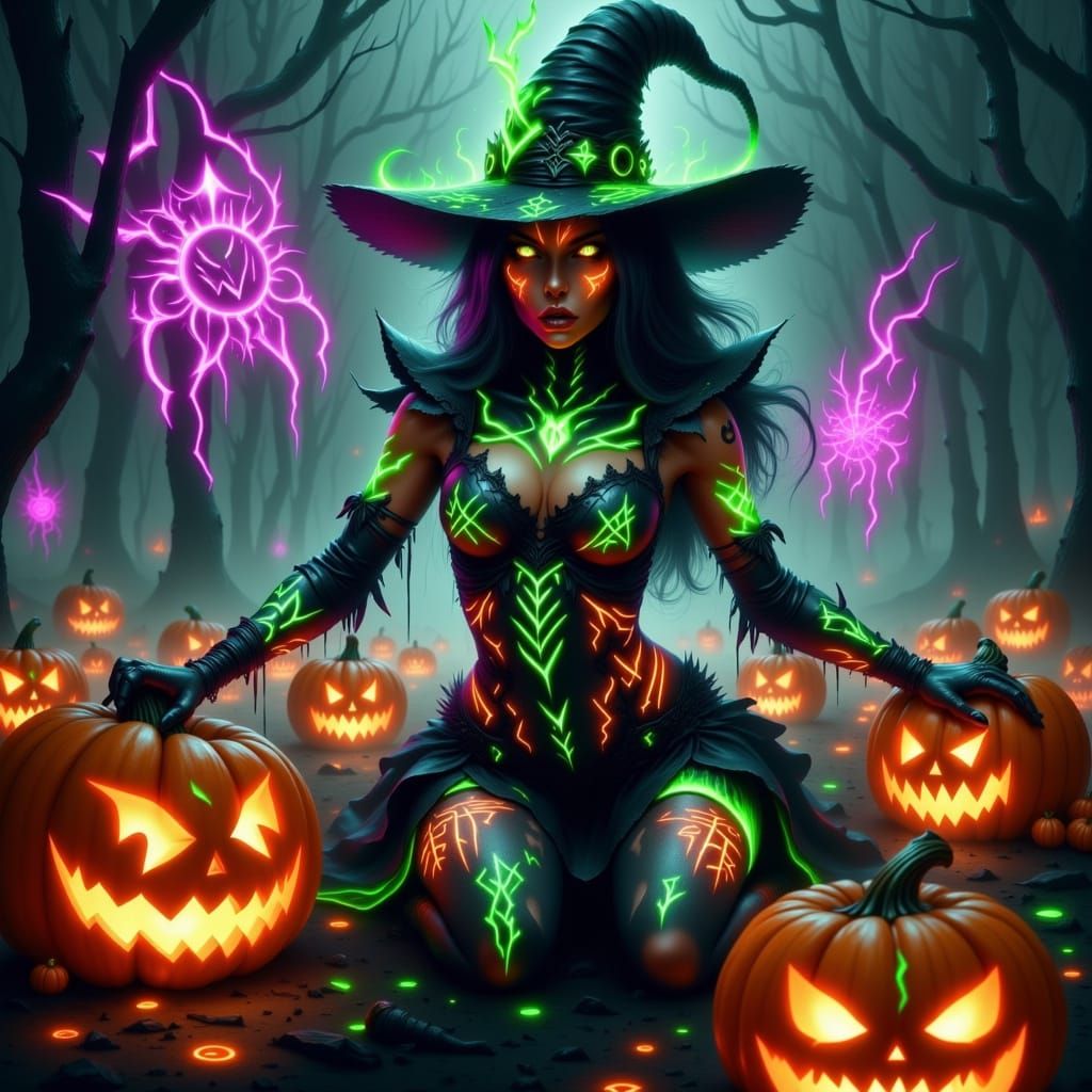 <lora:Eclipse Flux:1.0> <lora:Glowing Flex Runes:1.0> Halloween witch in a pumpkin patch surrounded by floating purple a...