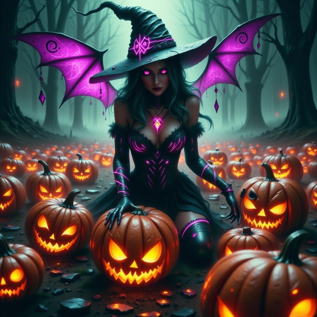 <lora:Eclipse Flux:1.0> <lora:Glowing Flex Runes:1.0> Halloween witch in a pumpkin patch surrounded by floating purple a...
