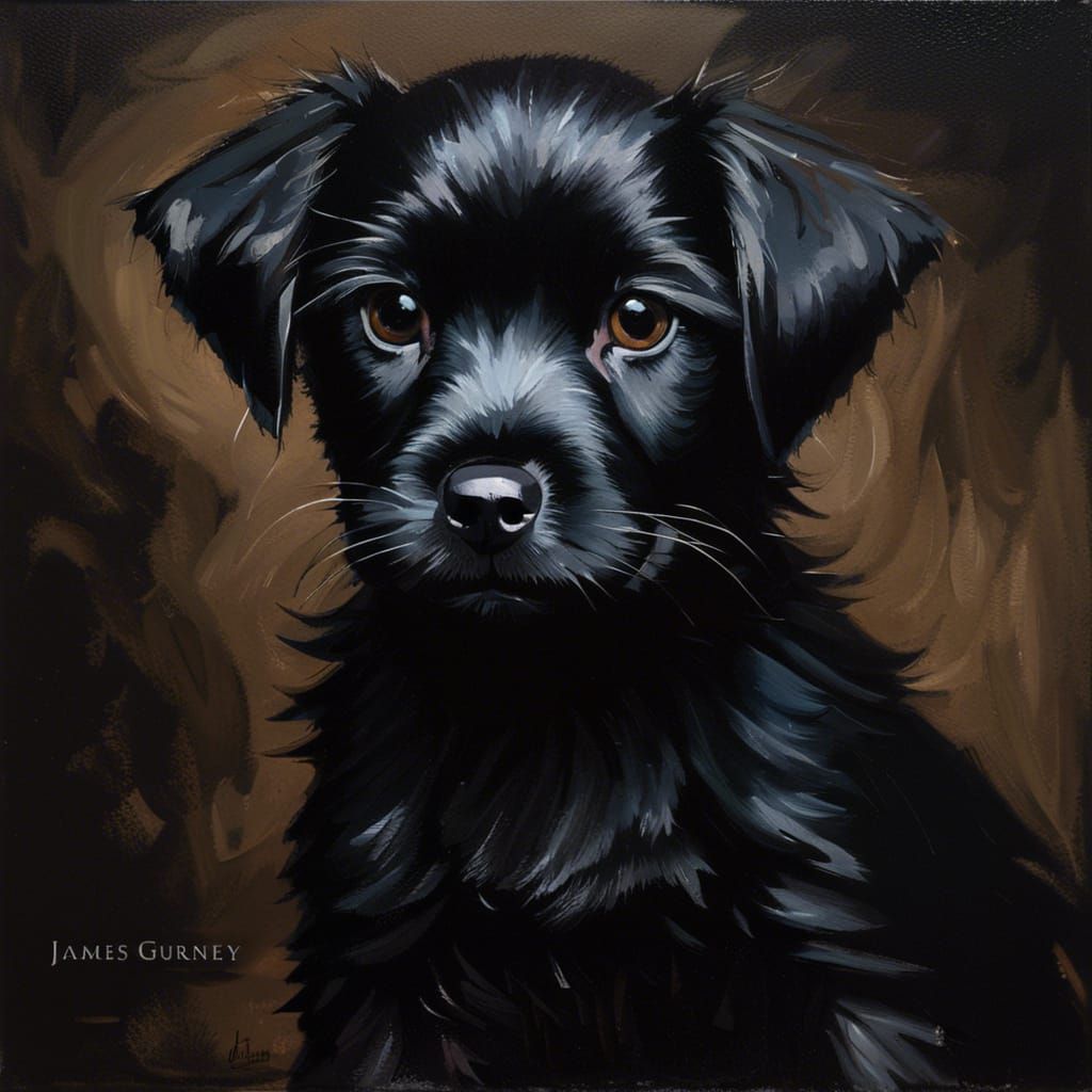 Cute Black Puppy Oil Painting