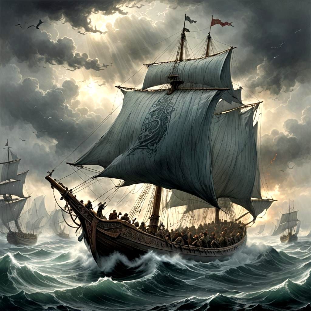 Viking Longboat with Dragon Mist in Doré Style