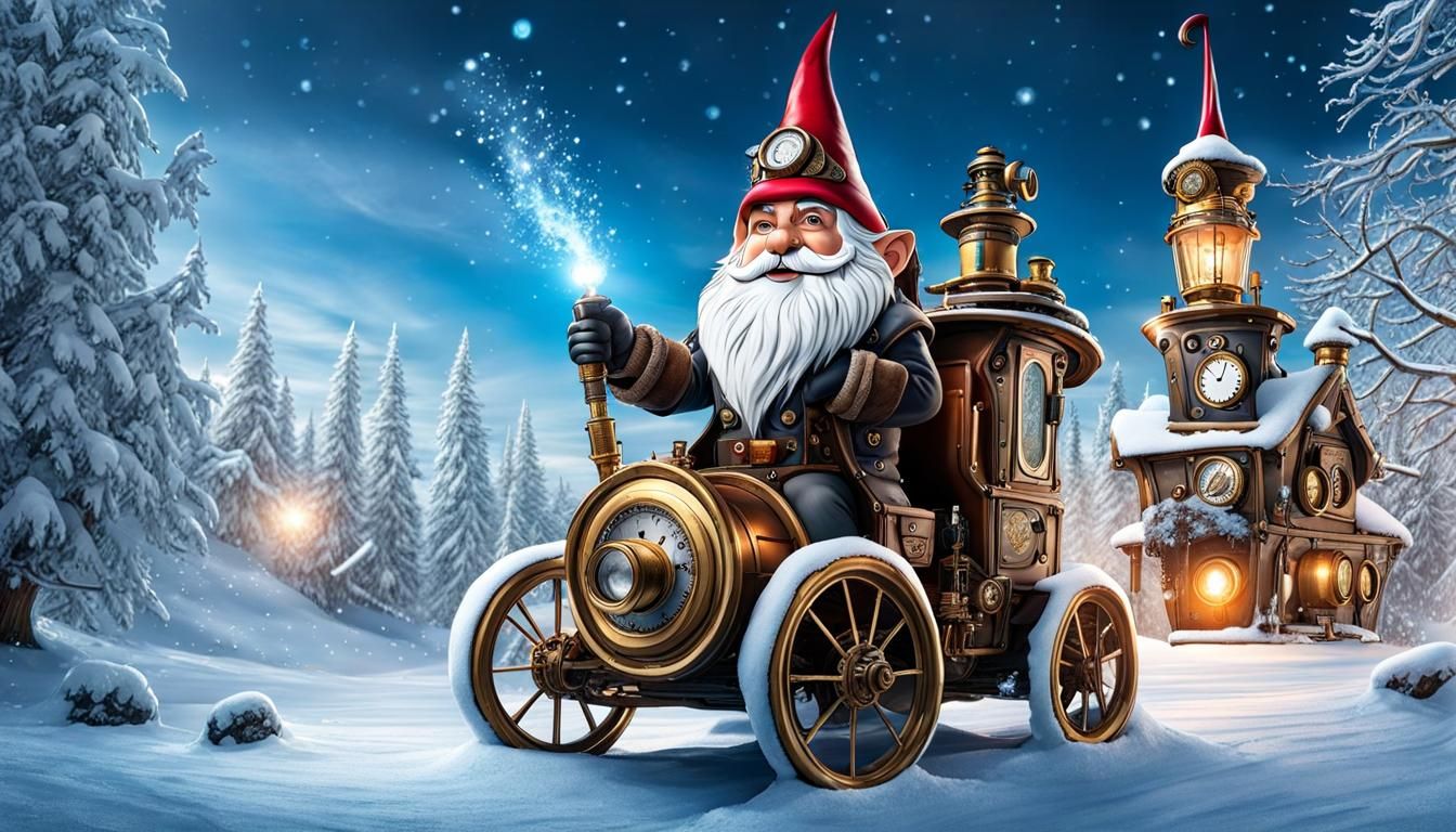 Gnome in Steampunk Time Machine in Winter Wonderland
