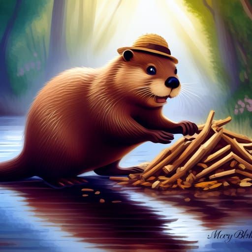 Adorable Beaver Collecting Wood by River in Digital Painting...