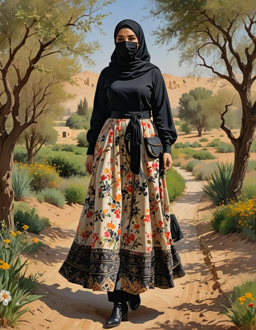 Middle Eastern Woman in Spring Landscape as Oil Painting