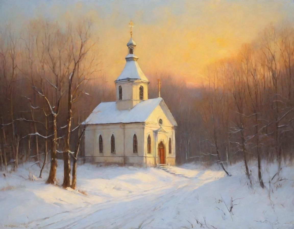Ukrainian Church in Winter Forest: Oil Painting