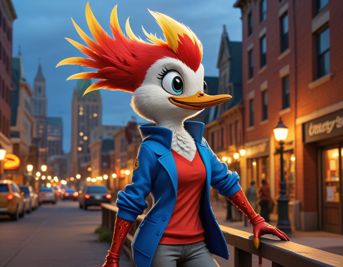 Anthropomorphic Woodpecker in Zany Comic Art Style