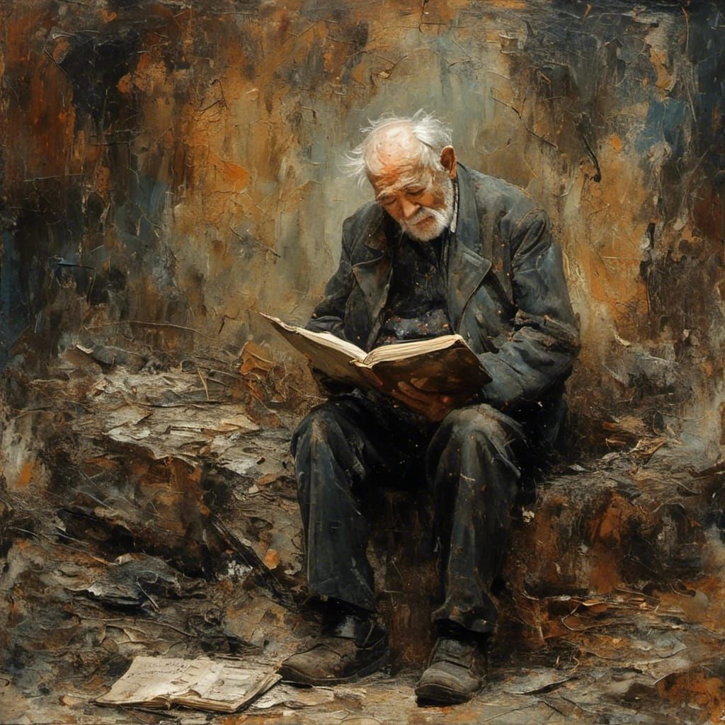 Elderly Man's Memories Crumble in Oil Painting