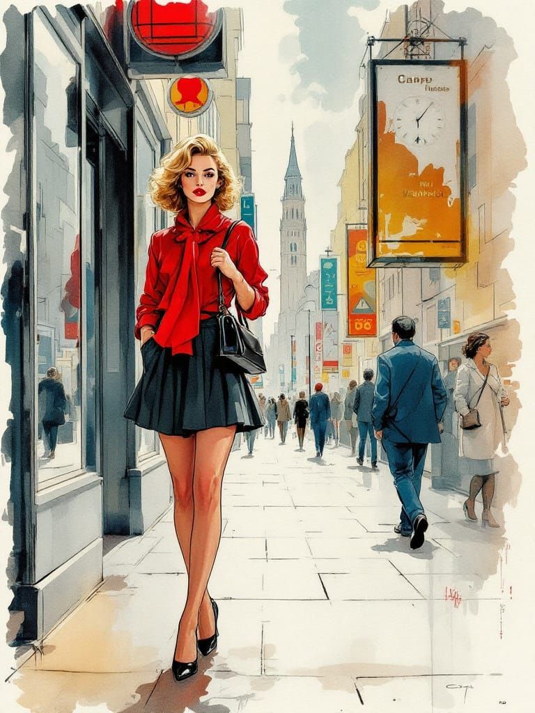 1950s Pin-Up Woman in City, Moebius & Pratt Style