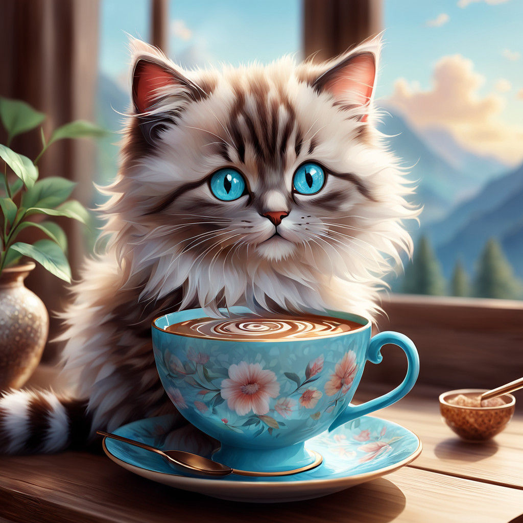 Whimsical Chinese Cup with Kitten in Soft Pastel Hues