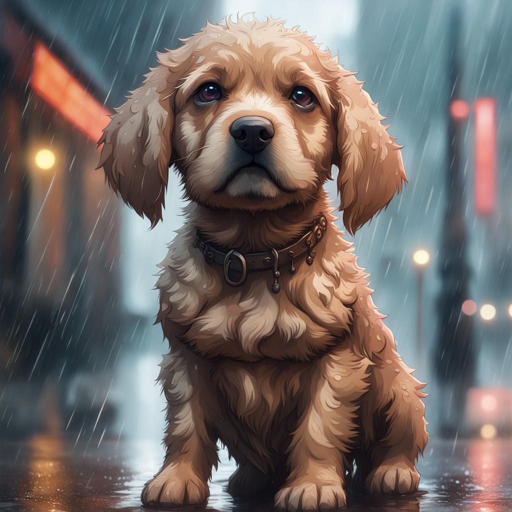 Sad Puppy Portrait in the Rain: Hyperdetailed Art