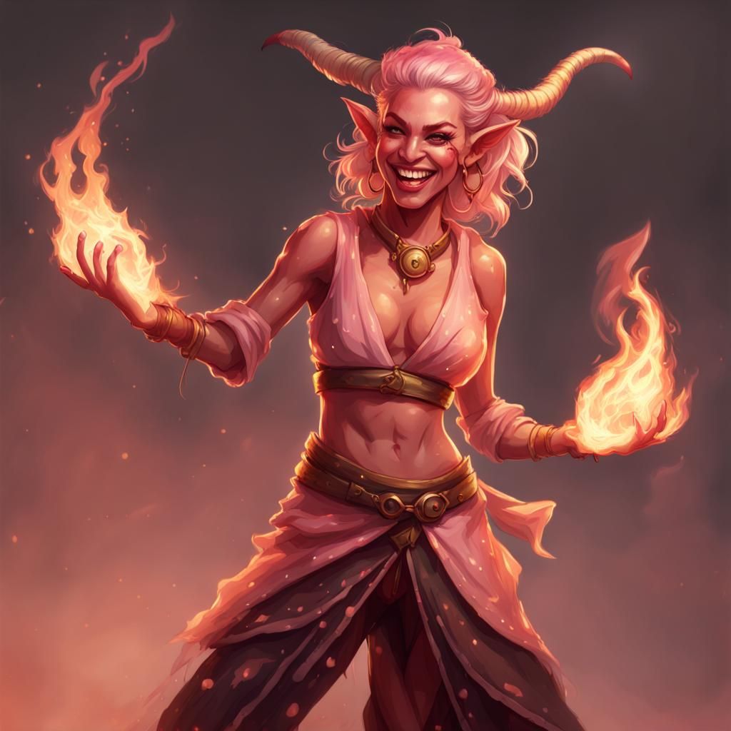 Pink Tiefling Fire Dancer Portrait in Detailed Art Style
