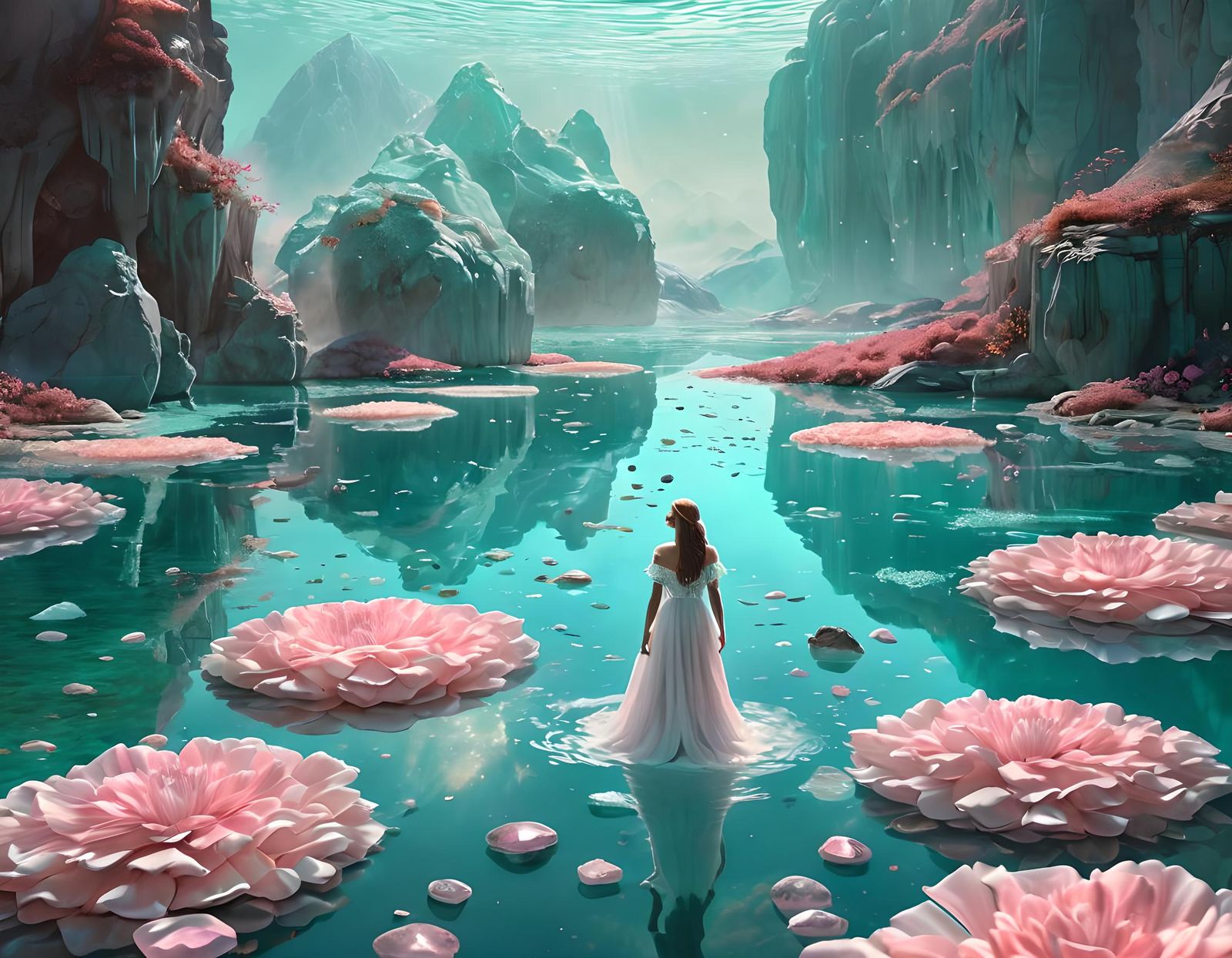 Woman Floating in Crystal Landscape, Pastel Art